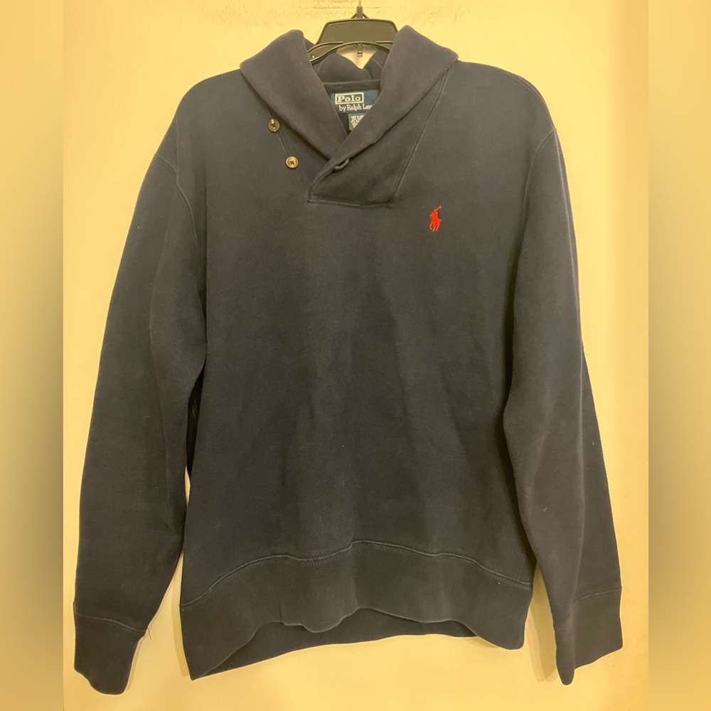 Polo Ralph Lauren Navy Blue Shawl Collar Sweatshirt Burgundy Pony men’s Large